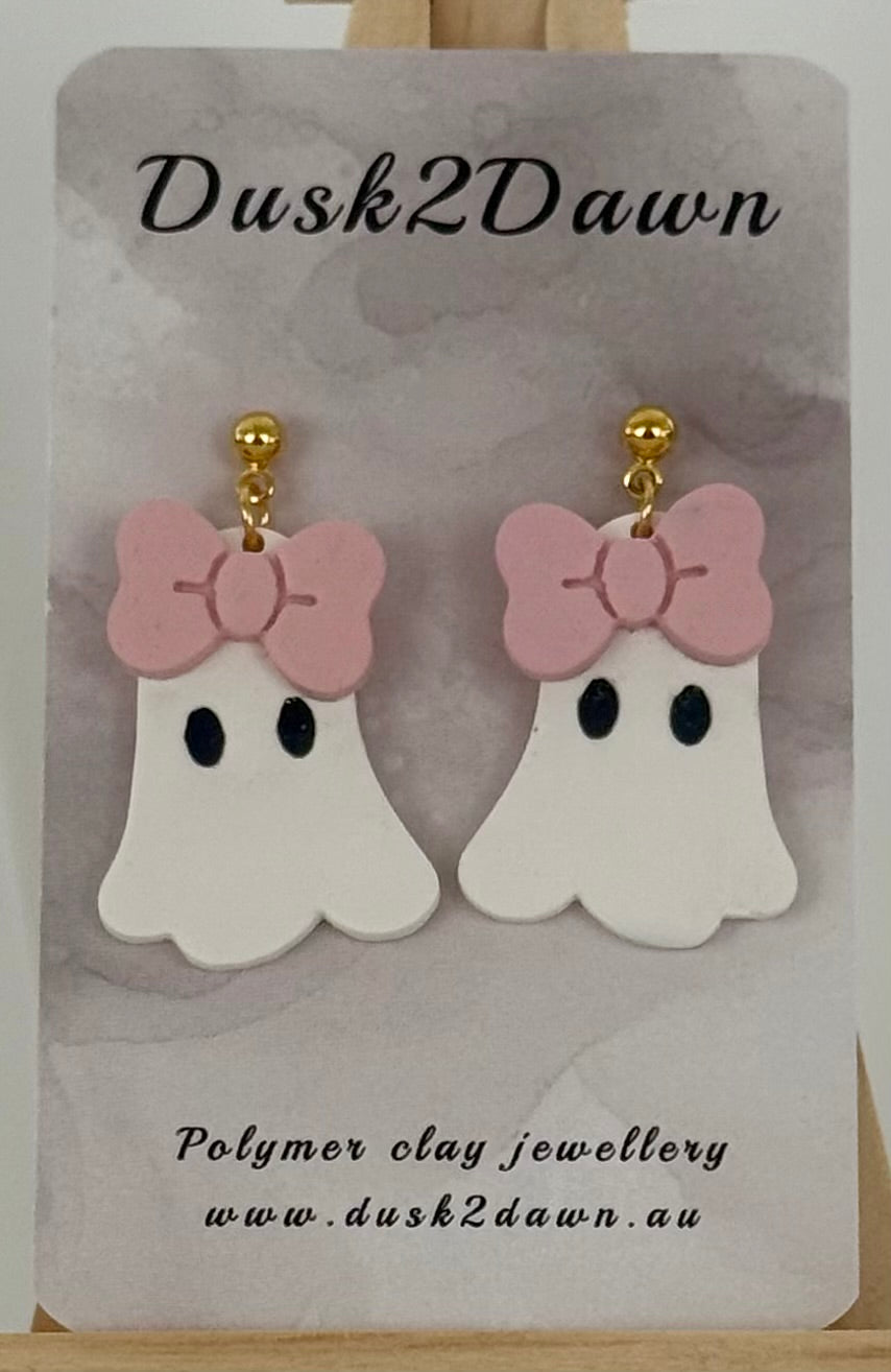 Ghost with a bow studded dangles- Halloween collection